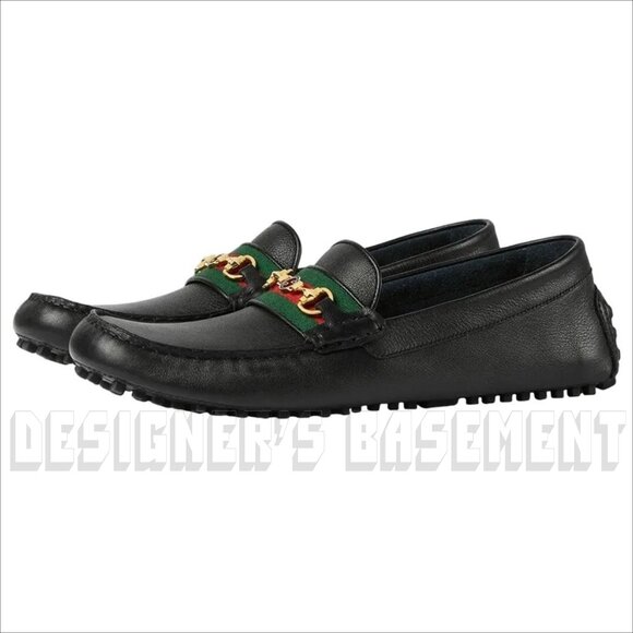 GUCCI mens 13 black AYRTON leather Horsebit DOUBLE G WEB Driver Moccasin shoes - Picture 1 of 12